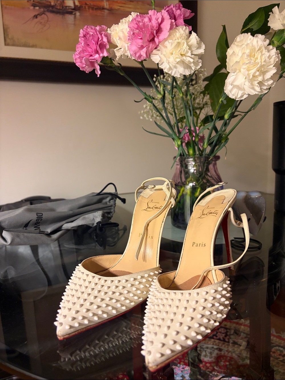Christian Louboutin white/ Ivory Spiked Pointed-Toe Slingbacks size 40.5